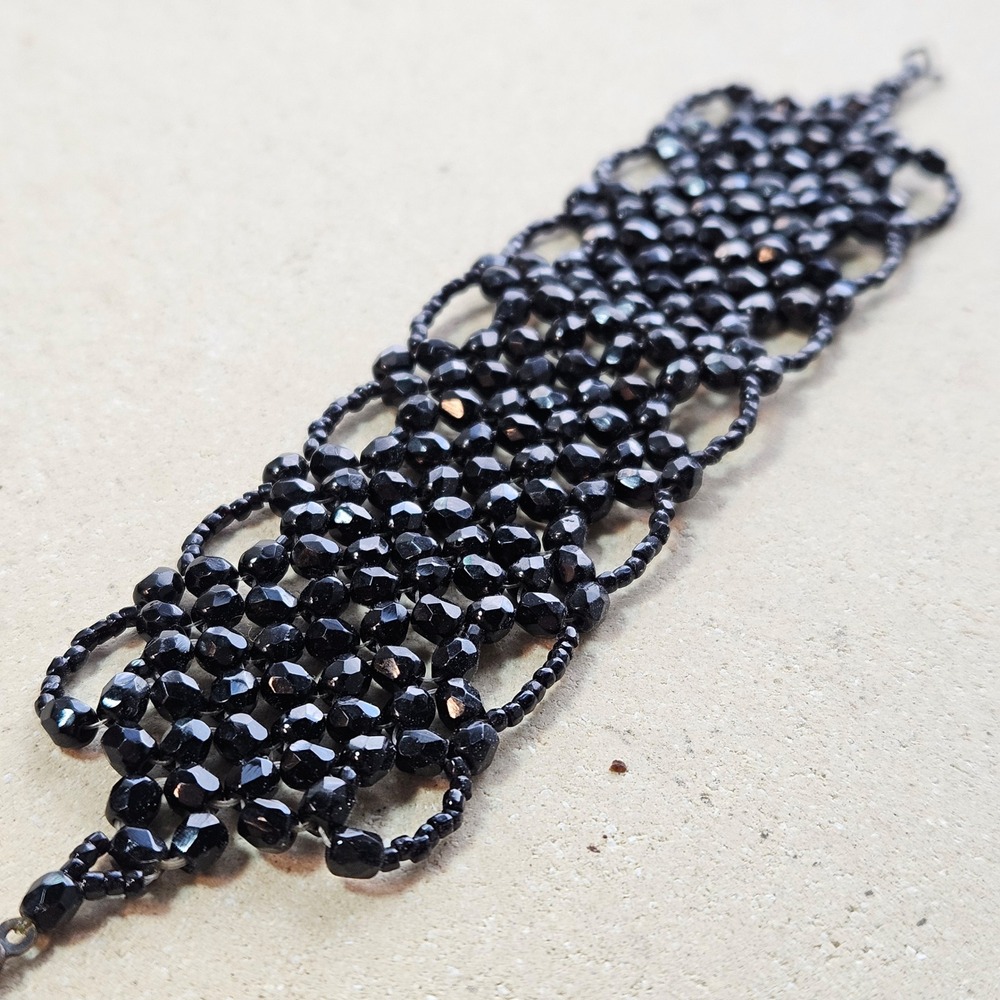 Antique Victorain Black Faceted Jet Beaded Wide Cuff Bracelet Fold Over Clasp‎